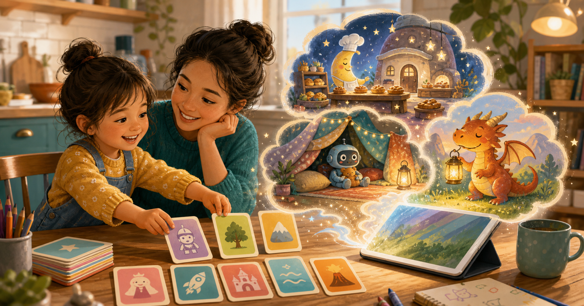 A child and caregiver arranging colorful story prompt cards while illustrated story scenes appear beside a tablet