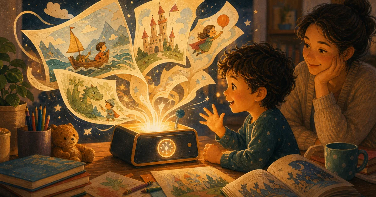 A child and parent looking at an illustrated story machine that turns spoken ideas into picture-book pages
