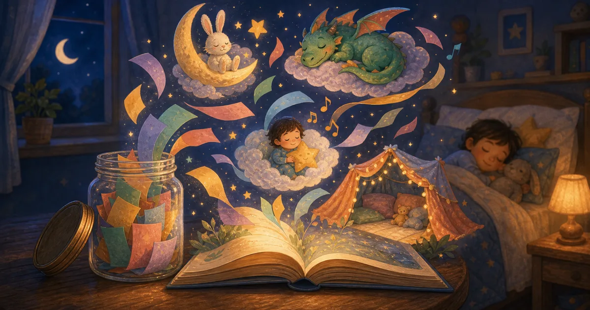 A sleepy moonlit bedroom with floating illustrated bedtime story ideas above an open book