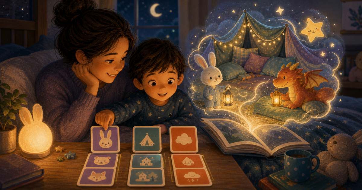 A caregiver and child choosing bedtime story prompt cards beside an open book with moonlit story scenes