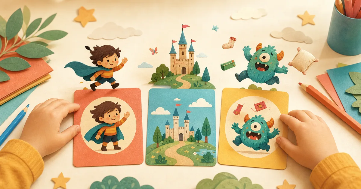 A child's hands arranging colorful story prompt cards with characters, places, and funny problems