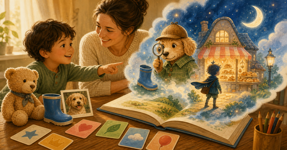 A child and parent choosing personal story details beside an open illustrated book