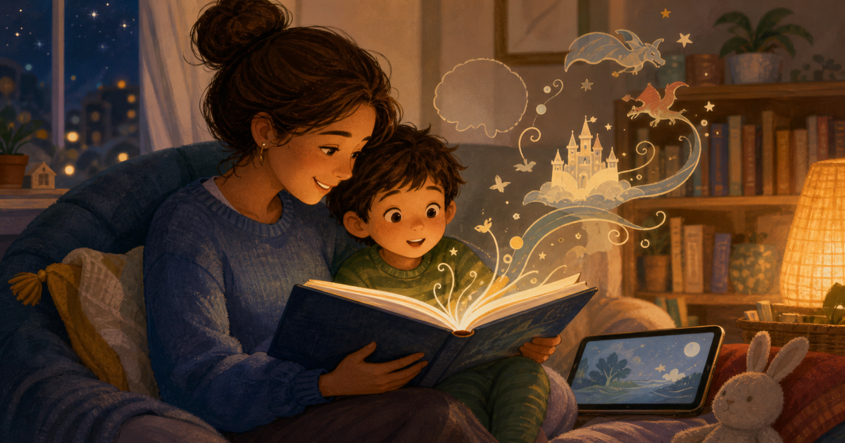 A caregiver and child reading aloud from a glowing storybook while a tablet with a gentle story page rests nearby