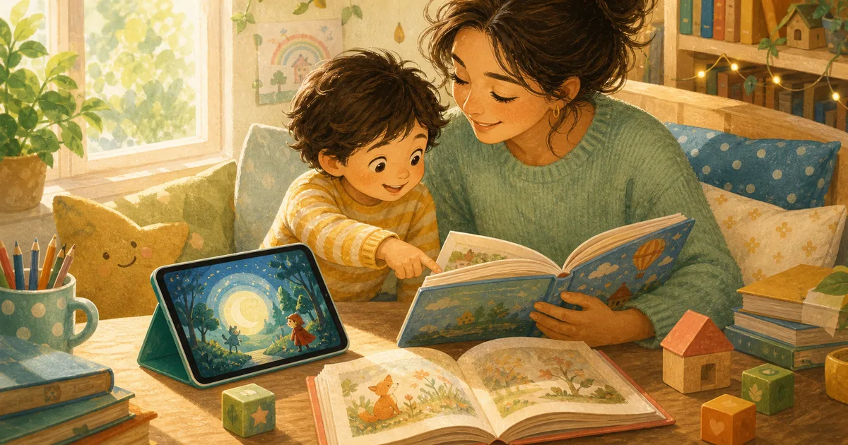 A child and caregiver reading from an illustrated tablet page beside paper books and letter blocks