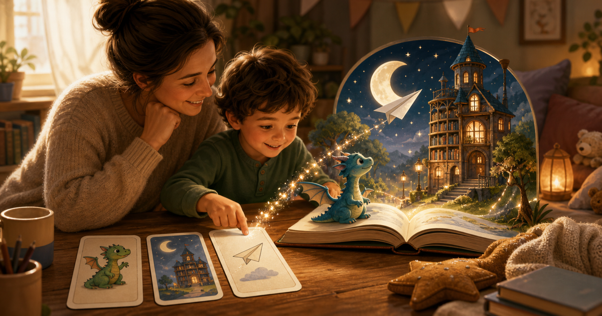 A child choosing story prompt cards that become an illustrated dragon story in an open book