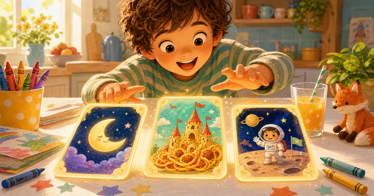 A child arranging colorful story prompt cards at a sunny table with crayons and small toys