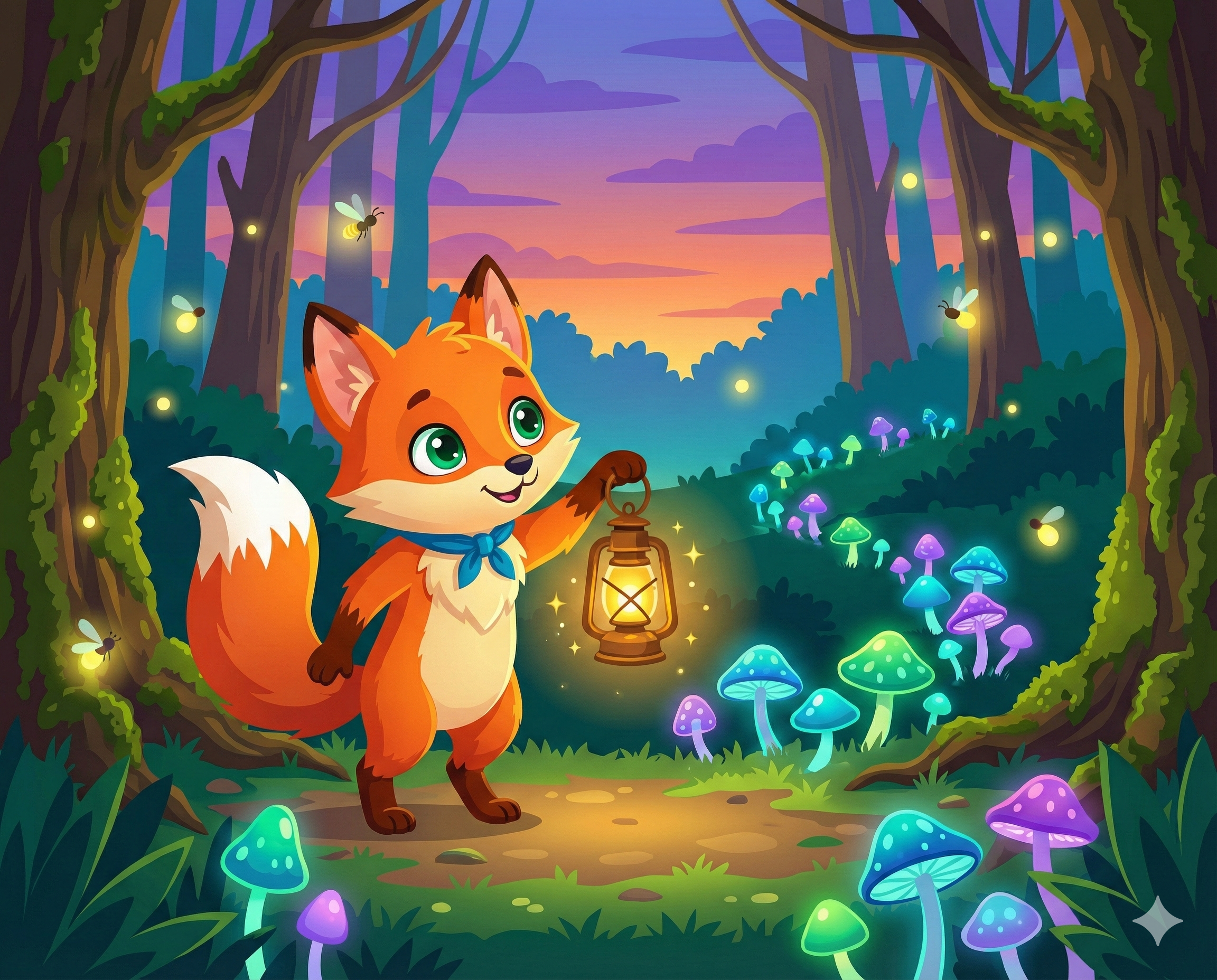 A fox holding a glowing lantern in an enchanted forest