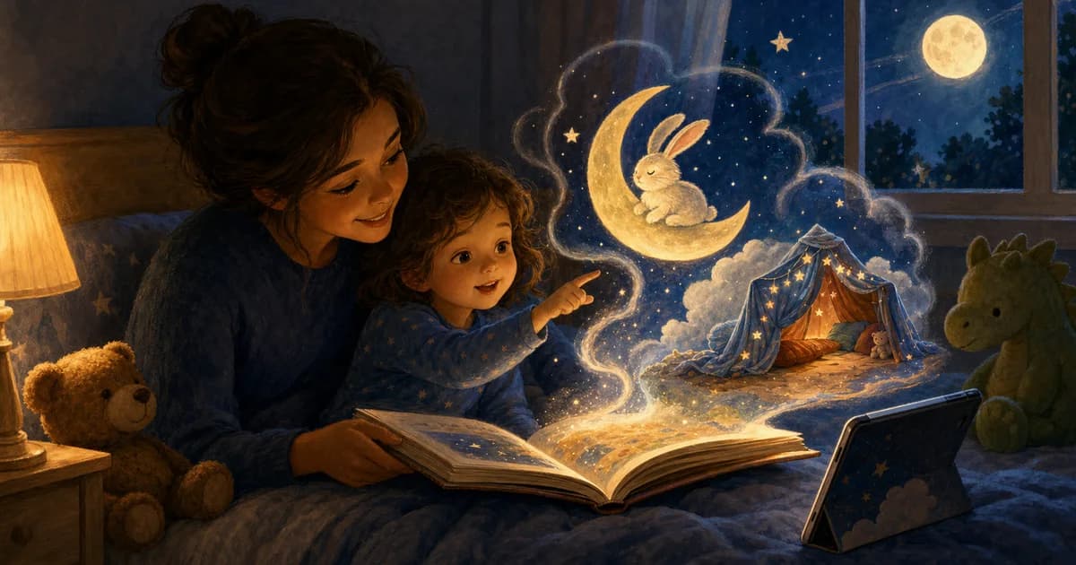 A caregiver and child reading an illustrated bedtime story as a moon bunny and blanket fort rise from the open book