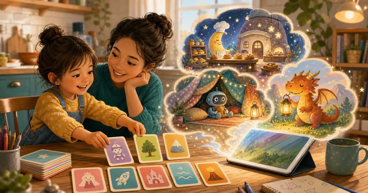 A child and caregiver arranging colorful story prompt cards while illustrated story scenes appear beside a tablet