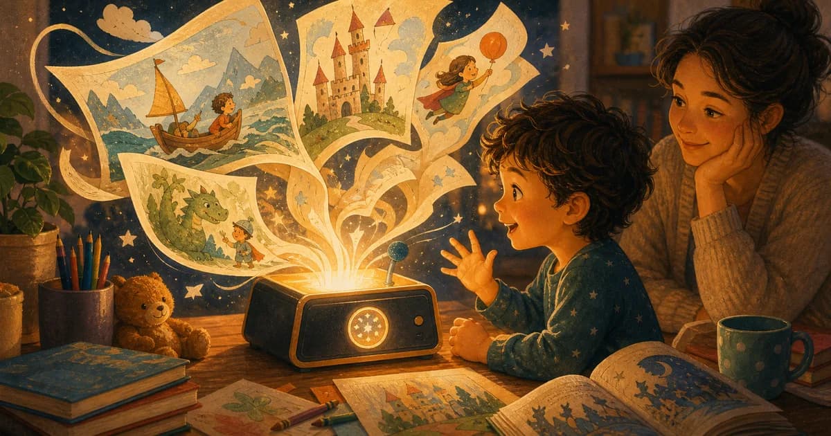 A child and parent looking at an illustrated story machine that turns spoken ideas into picture-book pages
