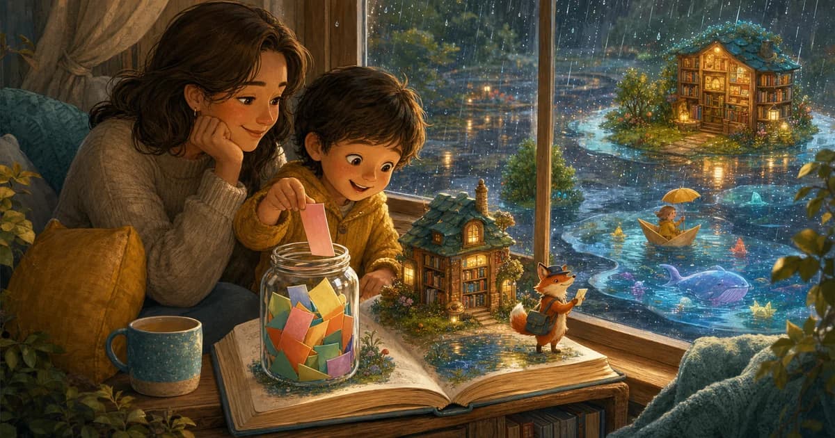 A child pulling an idea slip from a jar as rainy-day story worlds appear outside the window