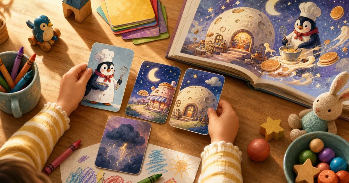 A child arranging illustrated story prompt cards beside crayons and an open picture book