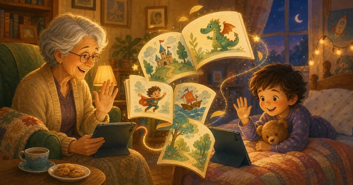 A grandparent and child smiling during a video call while an illustrated storybook scene floats between them