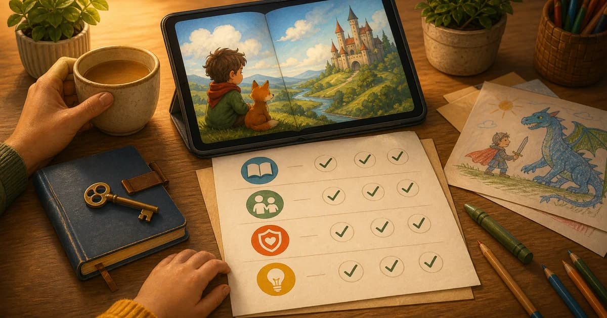 A parent checklist beside a tablet showing an illustrated storybook page and child drawings