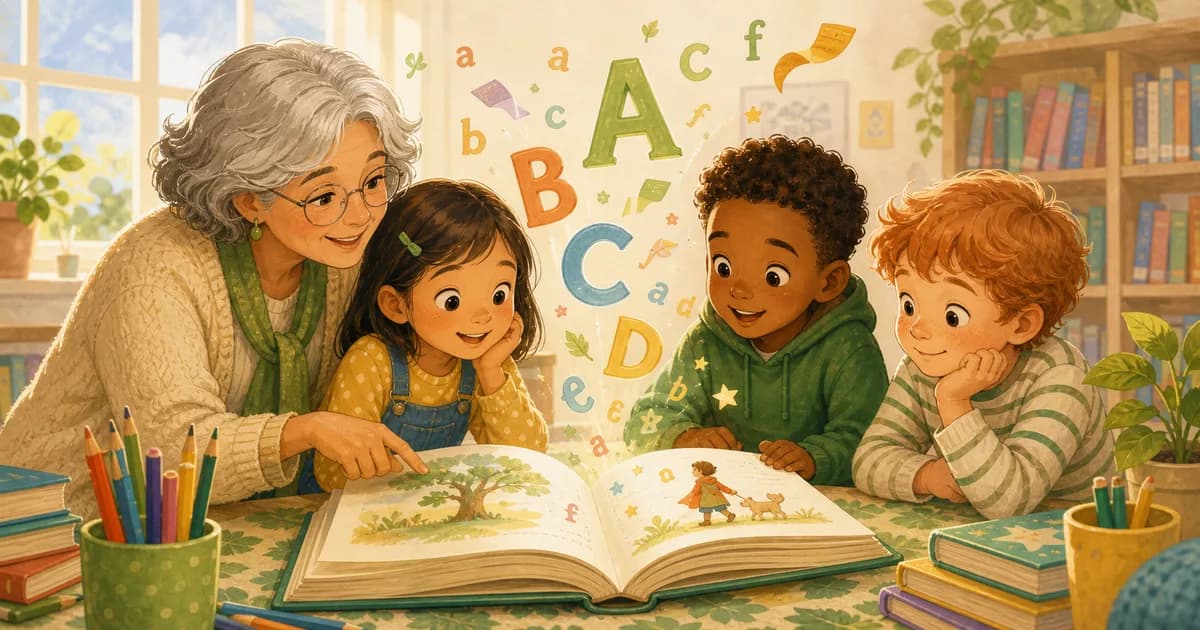 A child, caregiver, and teacher reading a bright illustrated storybook with large friendly letters around them