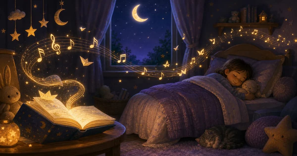 A sleeping child in a moonlit bedroom with music notes and storybook light floating from an open book