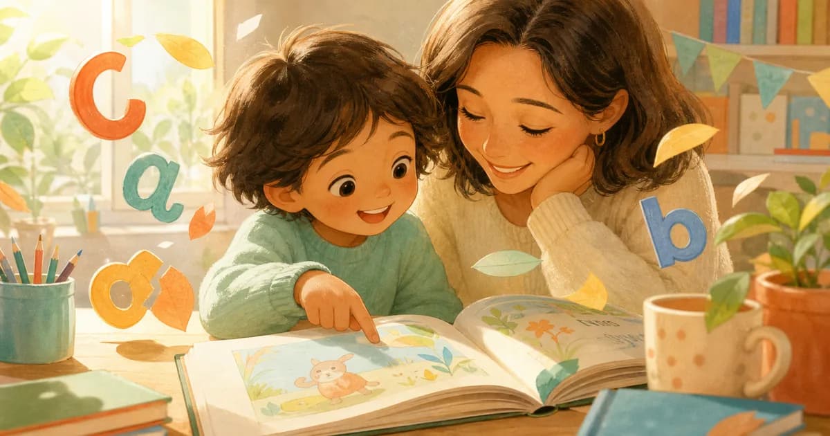 A smiling child and caregiver reading together with soft alphabet letters floating around the page