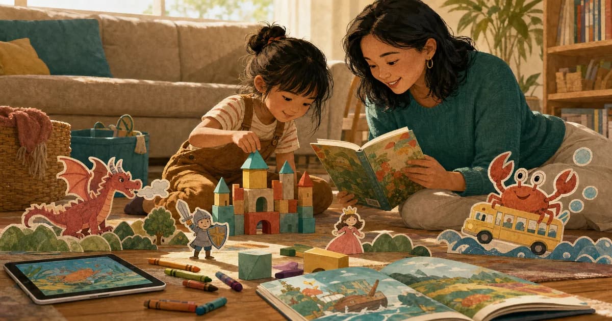 A child building a block castle while a caregiver reads and paper story characters surround them