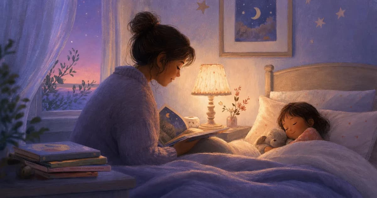 A tired parent reading beside a child tucked into bed under soft twilight light