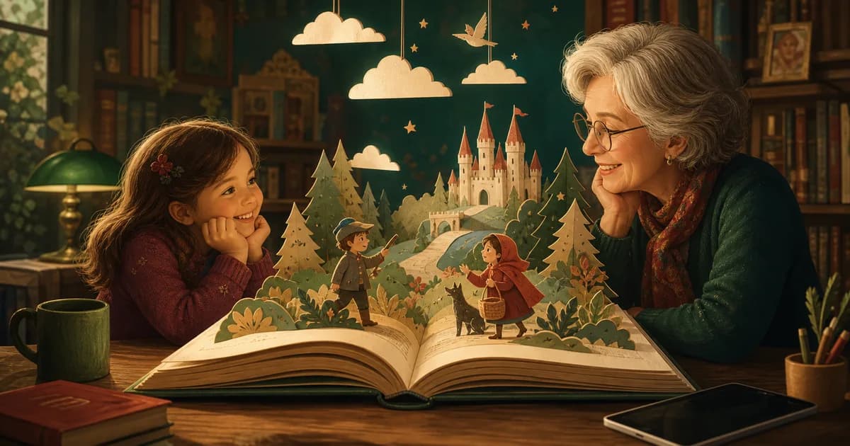 A grandparent and child reading an illustrated storybook together in a cozy library