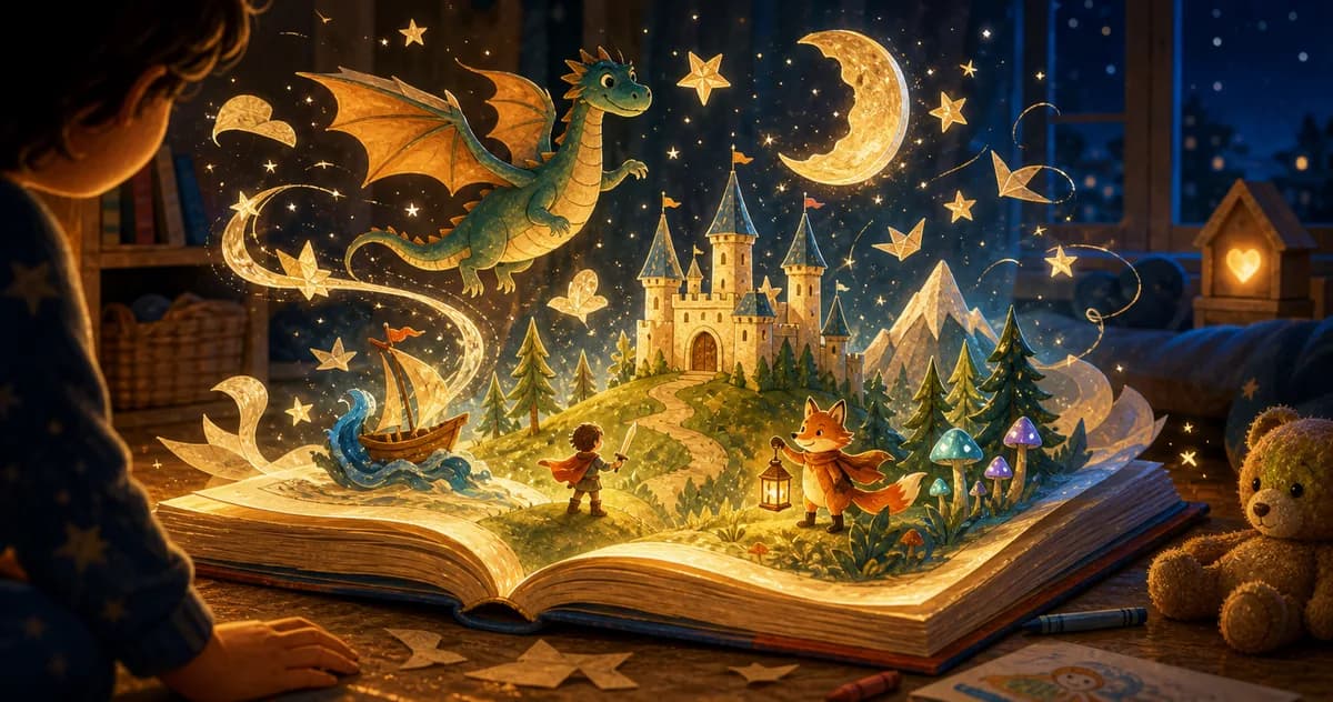A child watching an illustrated story world rise from an open picture book at night