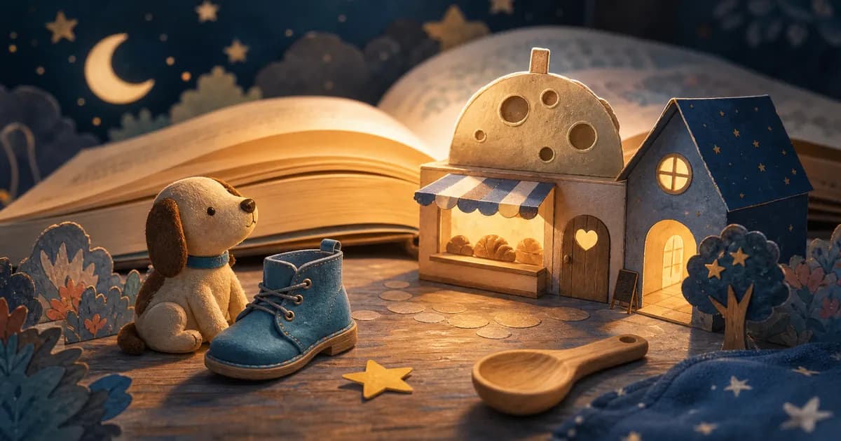 A moonlit nightstand with a toy dog, tiny blue boot, and miniature story world beside an open book