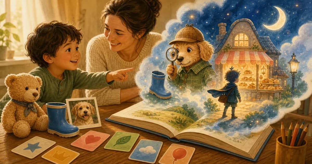 A child and parent choosing personal story details beside an open illustrated book