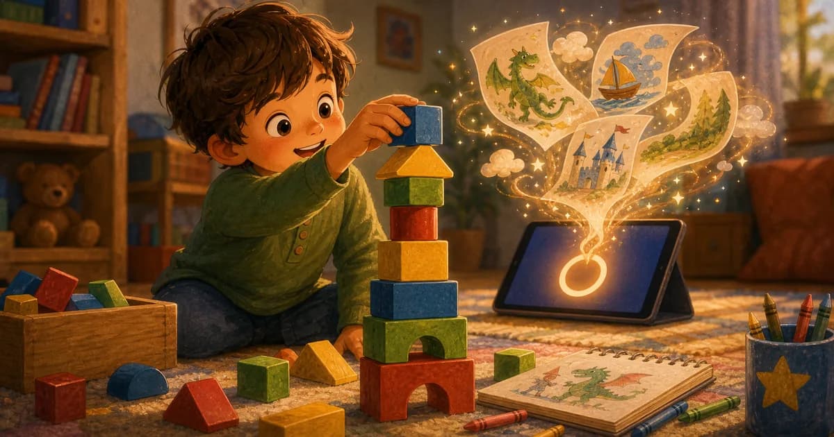 A child building blocks while a glowing tablet shows a story being made nearby