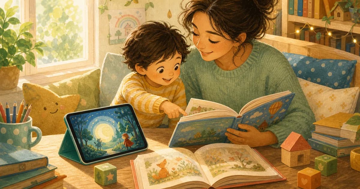 A child and caregiver reading from an illustrated tablet page beside paper books and letter blocks