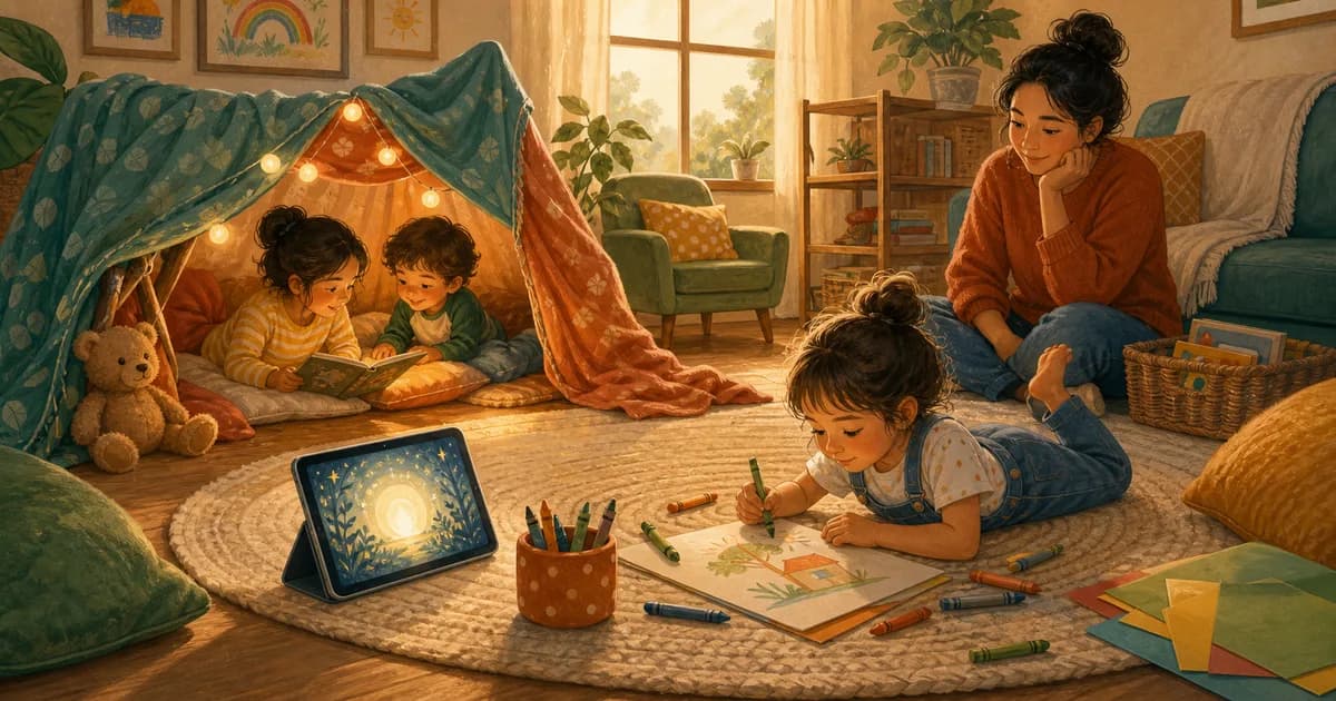 A family room with a blanket fort, drawing supplies, and a small tablet used as part of creative play