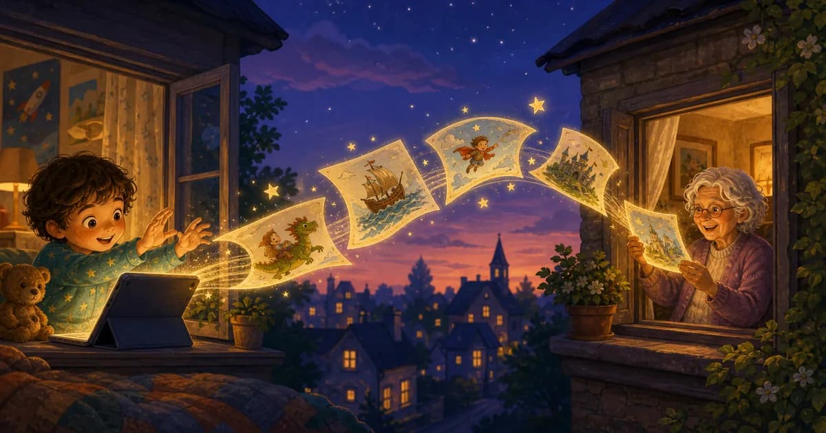 A child and grandparent sharing glowing illustrated story pages between two homes at twilight
