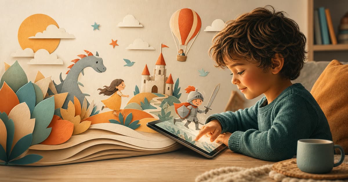 A child using a tablet while paper storybook characters and a castle rise from an open book