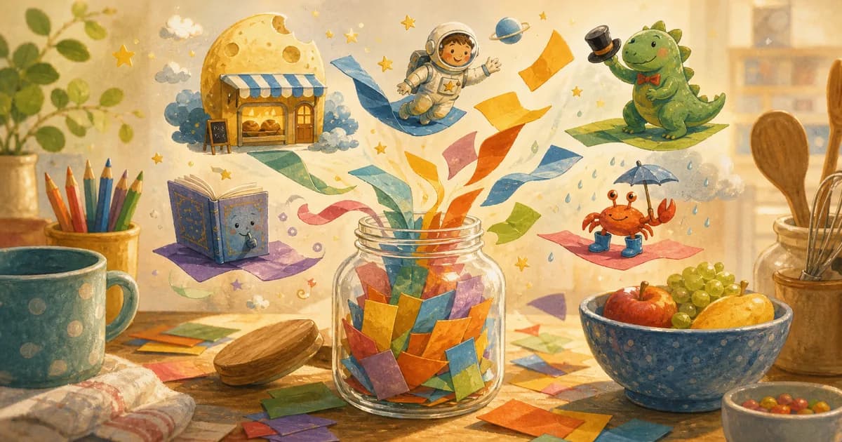 A colorful prompt jar spilling paper slips that become tiny story characters and scenes