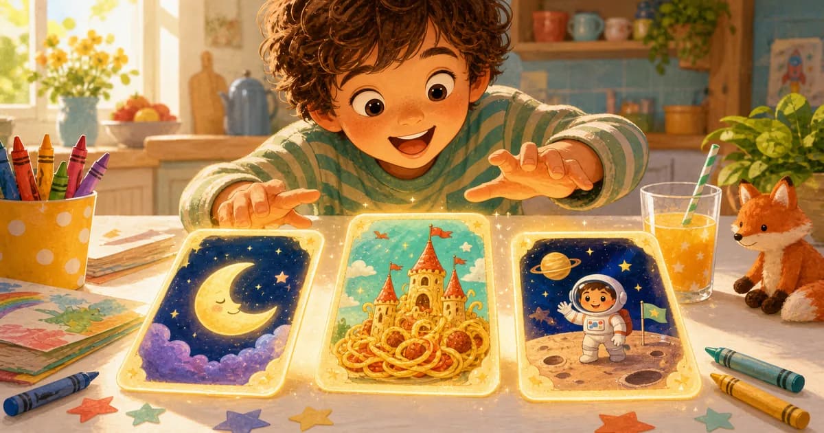 A child arranging colorful story prompt cards at a sunny table with crayons and small toys