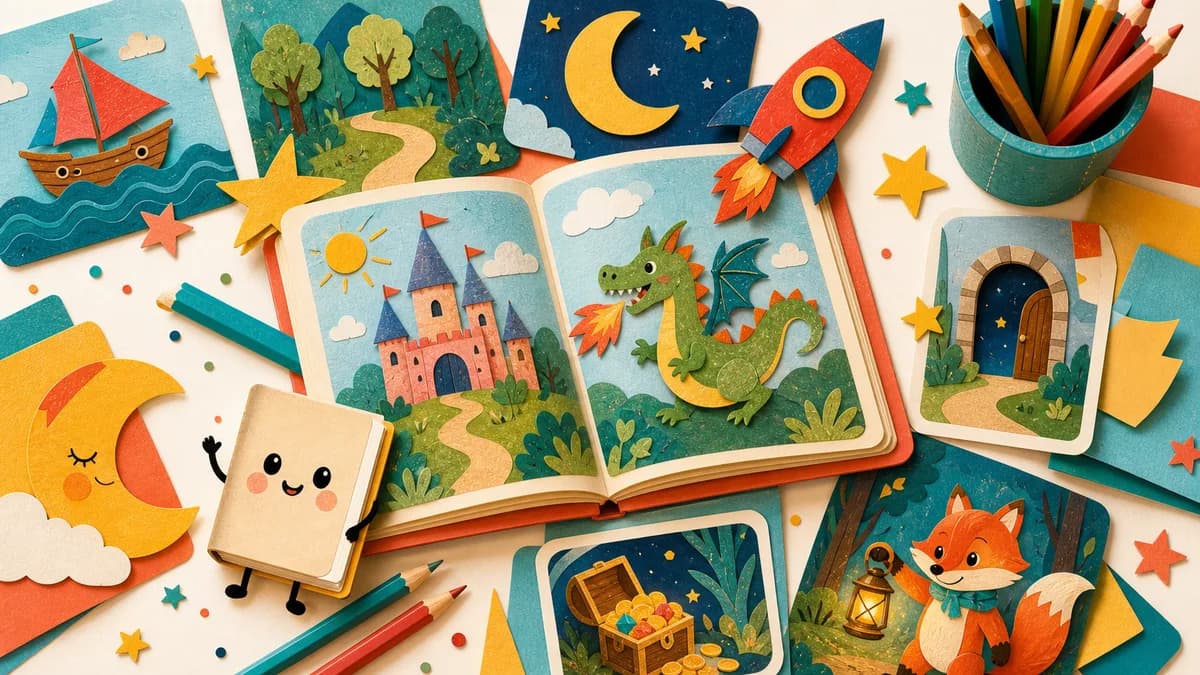 A cheerful Storybox card character surrounded by bright illustrated storybook scenes and art supplies
