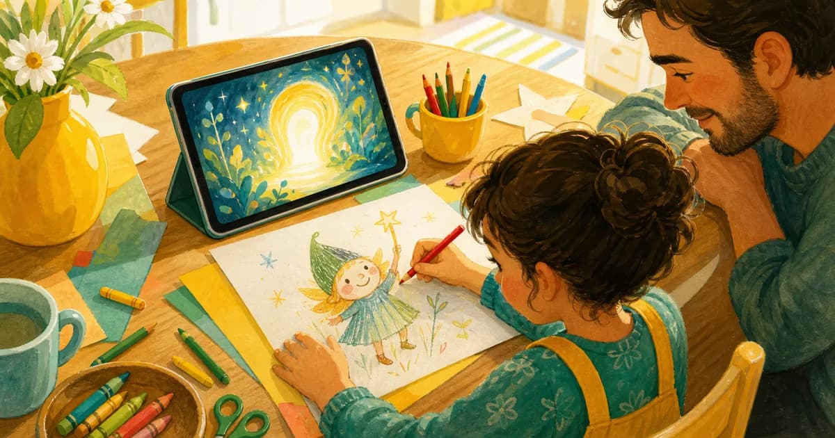 A child drawing at a sunny kitchen table while a tablet supports a creative story idea nearby