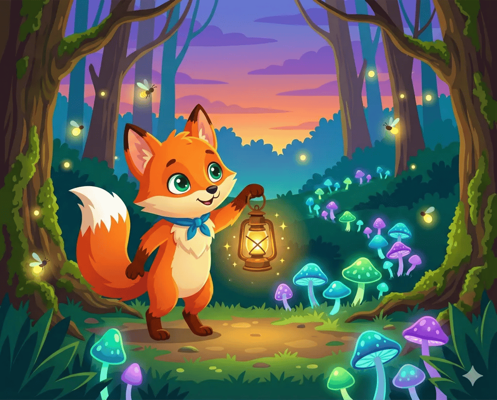 A fox holding a glowing lantern in an enchanted forest